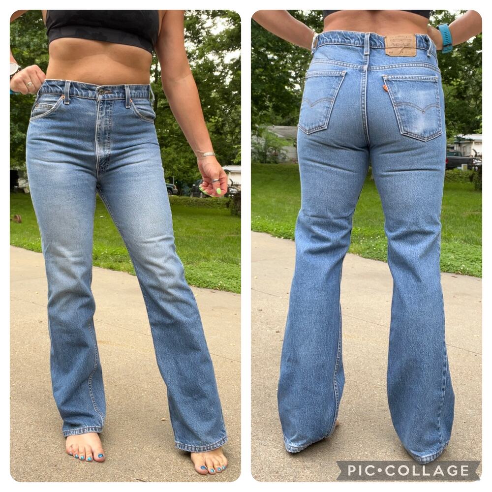 Vintage 80s Levi's 517 Orange Tab Boot Cut Blue Jeans Carolyn Kennedy 36x32